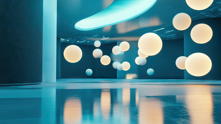 Luminous chat bubbles floating in a spacious, modern room, casting reflections and creating a futuristic digital communication scene.の素材