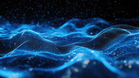Dynamic blue particle lines forming horizontal waves and undulating across a black backdrop, ideal for showcasing digital and communication tech themes.の素材