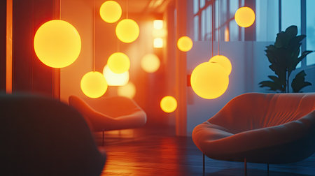 Bright and airy room with a group of luminous chat bubbles floating in mid-air, creating a sleek digital communication atmosphere.の素材