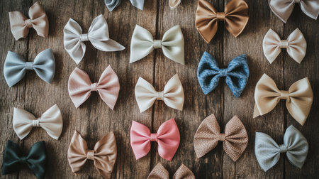A collection of elegant bows in various sizes and colors, arranged artistically on a wooden table, perfect for crafting.の素材