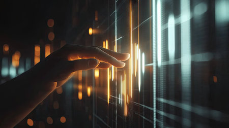 Interactive bar chart with each bar highlighting as a hand hovers over it, futuristic data conceptの素材