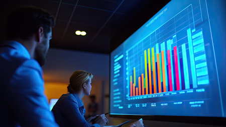 Business team analyzing a colorful bar graph projected on a large office screen, focus on the graphの素材