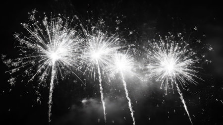 Smoke trails from fireworks lighting up the night sky, adding to the festive celebration atmosphere.の素材