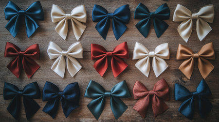 A collection of elegant bows in various sizes and colors, arranged artistically on a wooden table, perfect for crafting.の素材