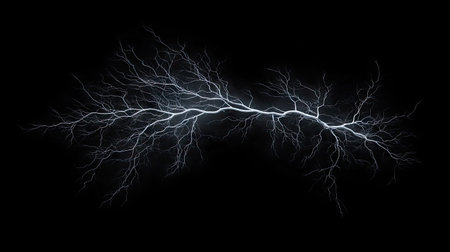 Lightning bolt with detailed branching structure, isolated on a pitch-black background, emphasizing the power and complexity of electrical storms.の素材