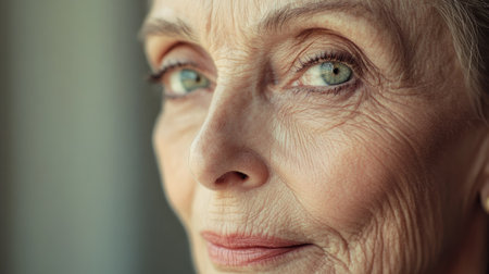 A close-up of an older woman face with a serene expression, highlighting the elegance of her age and the soft glow of her mature skin.の素材