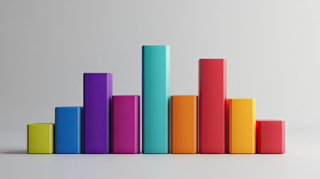 Creative bar graph made from colorful blocks, set against a white minimalist backgroundの素材