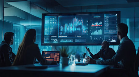A team of professionals discussing a financial graph displayed on a large screen in a modern conference room, emphasizing strategic planning. -の素材