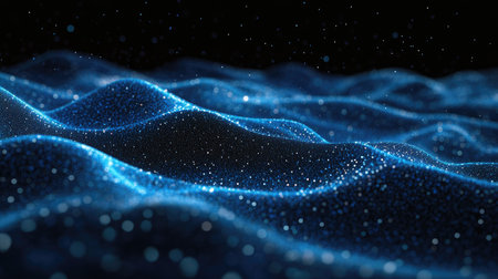 Horizontal blue particle lines creating an undulating 3D effect on a black background, perfect for tech and digital communication visuals.の素材