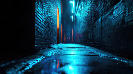 Blue neon lights illuminating a dark alley, urban nightlife scene with moody vibes -の素材