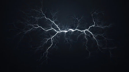 Isolated lightning bolt with detailed branches against a dark background, showcasing the electrifying and intense nature of lightning.の素材