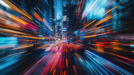 Dynamic abstract light trails over a cityscape, combining vibrant neon colors and blurred urban lights for a futuristic effect.の素材