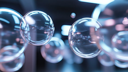 3D rendered shiny chat bubbles floating in an open room environment, reflecting light and creating a dynamic communication space. Perfect for digital interaction themes.の素材