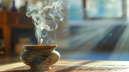 Swirling smoke trails rising from a burning incense burner, creating a calm and meditative environment.の素材