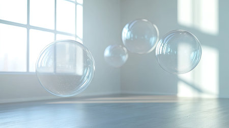 Elegant group of floating, glossy chat bubbles in a bright, minimalist room setting. Ideal for illustrating modern communication and tech concepts.の素材
