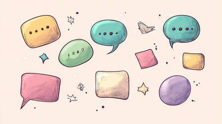 Assorted speech bubble text boxes and message balloons in doodle style, featuring space for custom text. Ideal for communication and digital media graphics.の素材