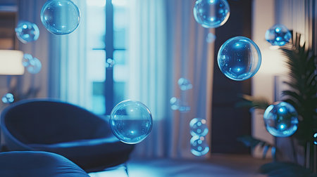 Stylish room with a collection of shiny chat bubbles floating and shimmering, ideal for illustrating modern digital messaging and tech themes.の素材