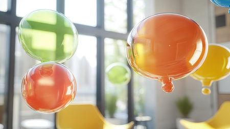 Elegant group of floating, glossy chat bubbles in a bright, minimalist room setting. Ideal for illustrating modern communication and tech concepts.の素材