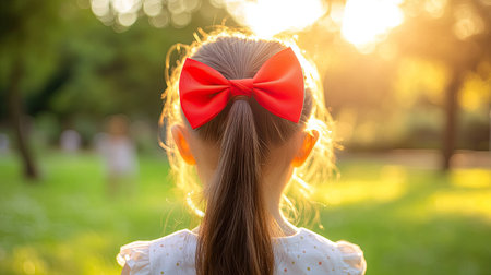A vibrant red bow tied around a young girl's ponytail, with a blurred background of a sunny park.の素材