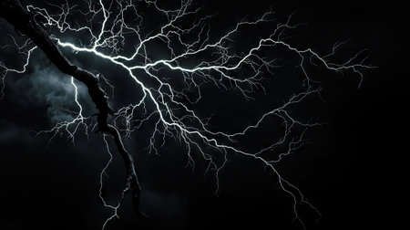 Massive lightning bolt with intricate branches isolated on a pitch-black background, emphasizing the dramatic and powerful aspects of a thunderstorm.の素材