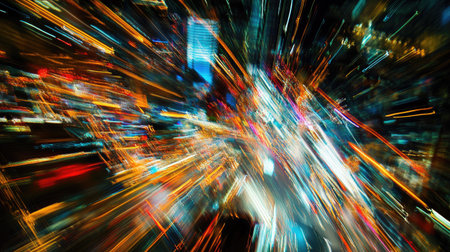 Cityscape illuminated by abstract light trails in motion, showcasing a blend of neon colors and dynamic urban energy.の素材