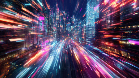 Abstract motion light trails blending with a vibrant city background, creating a dynamic and futuristic urban scene.の素材