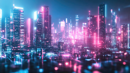 Futuristic urban skyline with modern buildings bathed in neon lights and abstract digital effects, perfect for hi-tech and science concepts.の素材