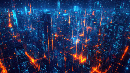 Abstract digital high-tech cityscape with panoramic view of neon-lit urban buildings and futuristic architectural designs.の素材
