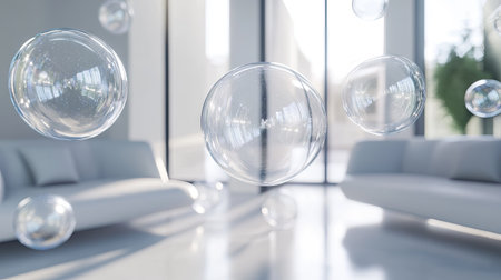 Floating shiny chat bubbles in a contemporary room with clean lines and ample light. Perfect for tech visuals and digital messaging environments.の素材