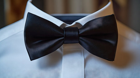 A stylish bow tie in classic black, placed on a crisp white shirt, ready for a formal event. -の素材