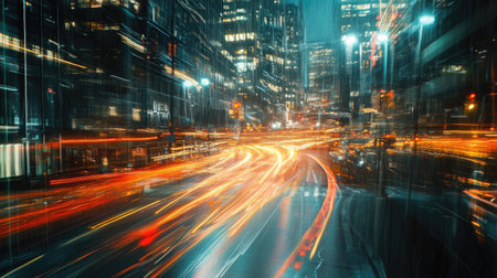 Abstract motion light patterns weaving through a city background, illustrating a blend of energy, speed, and urban ambiance.の素材
