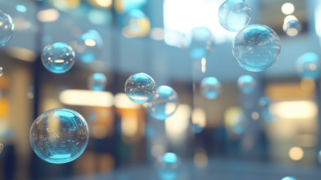 Cluster of sparkling chat bubbles suspended in a spacious room, reflecting modern digital communication. Ideal for high-tech and social interaction imagery.の素材