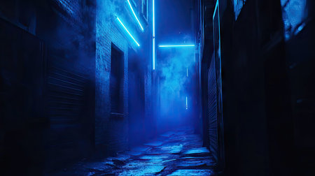 Blue neon lights illuminating a dark alley, urban nightlife scene with moody vibes -の素材