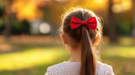 A vibrant red bow tied around a young girl's ponytail, with a blurred background of a sunny park.の素材