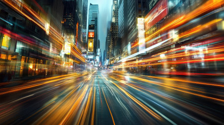 Abstract motion light patterns weaving through a city background, illustrating a blend of energy, speed, and urban ambiance.の素材