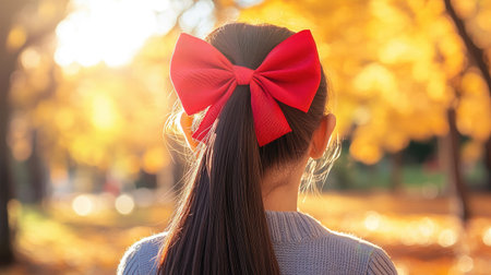 A vibrant red bow tied around a young girl's ponytail, with a blurred background of a sunny park.の素材