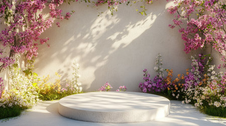 Natural beauty podium surrounded by blooming spring flowers in a 3D render, creating a serene and refreshing backdrop.の素材