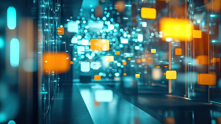 Room filled with floating, shiny chat bubbles, reflecting modern technology and digital messaging in a sophisticated environment.の素材