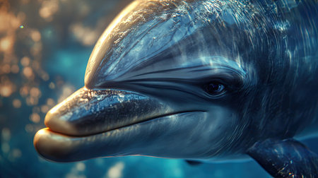 A close-up of a dolphin's eye and mouth, showing its friendly and intelligent expression as it interacts with its environment.の素材