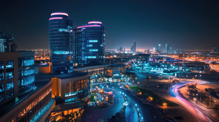 Beautiful night view of Festival City in Dubai, highlighting the Hotel Crowne Plaza and Hotel Intercontinental, with vibrant city lights.の素材