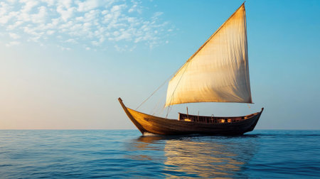 A dhow sailing in a gentle breeze, its wooden hull cutting through the water, used for transportation across the Arabian Gulf.の素材