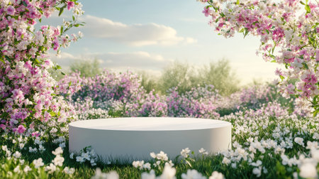 3D rendered natural beauty podium in a bright spring flower field, providing a picturesque, seasonal backdrop for product displays.の素材