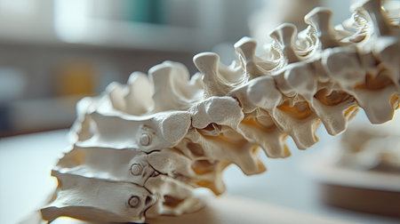 Detailed view of a human spine model, focusing on the vertebrae and alignment, medical conceptの素材