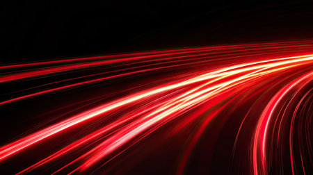 Fast-moving red light curves with a sense of motion against a sleek black backdrop. Vector illustration for high-energy visuals.の素材
