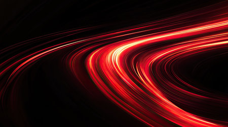 Fast-moving red light curves with a sense of motion against a sleek black backdrop. Vector illustration for high-energy visuals.の素材