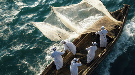 Fishermen on a dhow casting their nets into the sea, continuing the centuries-old tradition of fishing in Arabic cultureの素材