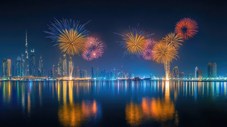 Festival City aglow with National Day fireworks in Dubai, vibrant bursts lighting up the night sky and reflecting in the water.の素材