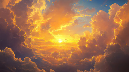 Golden sunset casting vibrant hues across a cloud-filled sky, creating a majestic and serene scene.の素材