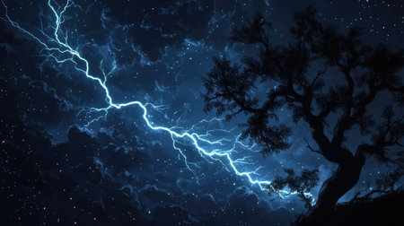 Forked lightning illuminating the night sky, with multiple branches reaching across the horizon. -の素材