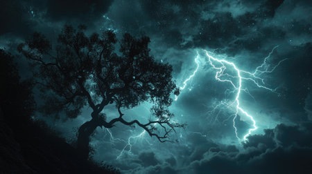 Forked lightning illuminating the night sky, with multiple branches reaching across the horizon. -の素材